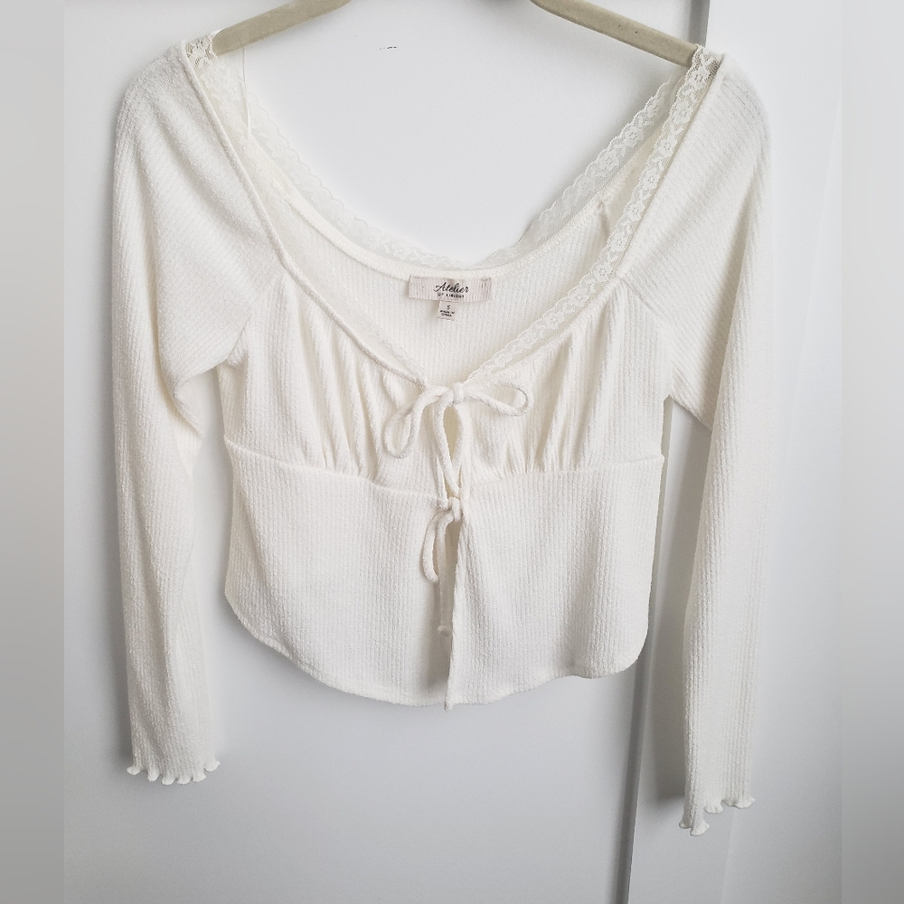Off-White Lace-Trimmed Tie-Front Top